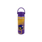 A purple and yellow insulated water bottle with a carrying loop lid, featuring a cartoon bird character in a purple helmet graphic and diagonal yellow stripes on a white background.