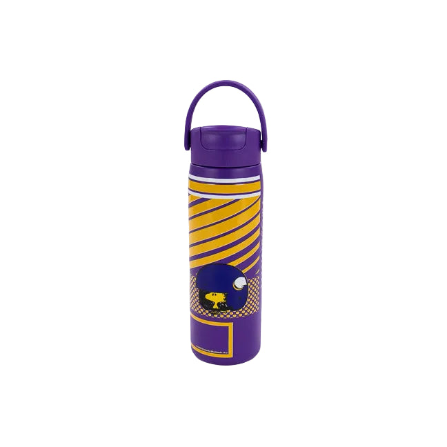 A purple and yellow insulated water bottle with a carrying loop lid, featuring a cartoon bird character in a purple helmet graphic and diagonal yellow stripes on a white background.