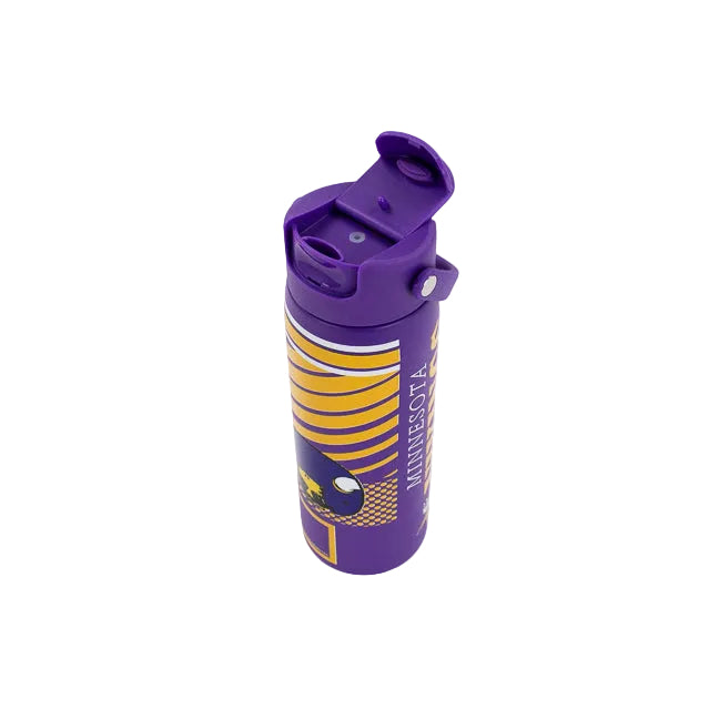 A purple insulated water bottle with a flip-top lid, featuring yellow and white Minnesota Vikings graphics and the team name printed vertically on the side.
