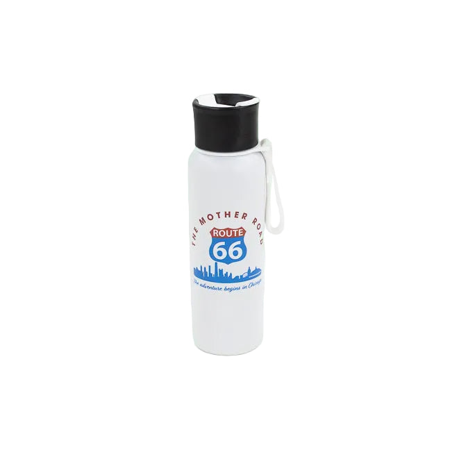 White water bottle with black lid and Route 66 design on a white background