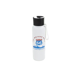 White water bottle with black lid and Route 66 design on a white background