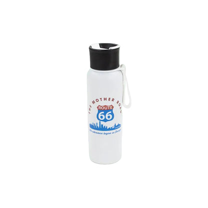 White water bottle with black lid and Route 66 design on a white background