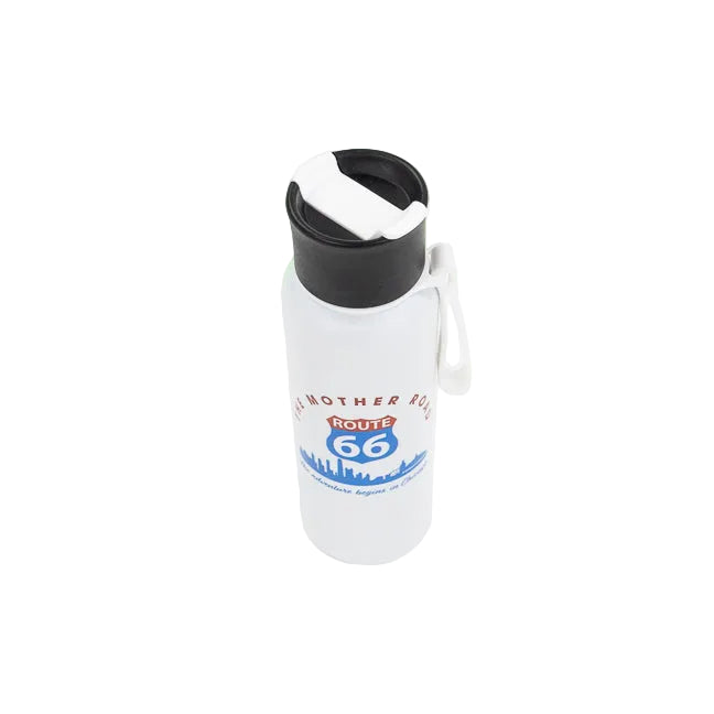 White water bottle with black lid and Route 66 design on a white background