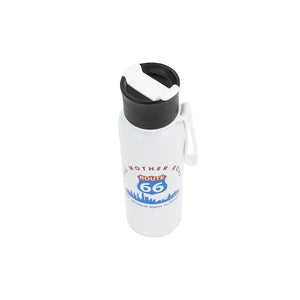 White water bottle with black lid and Route 66 design on a white background